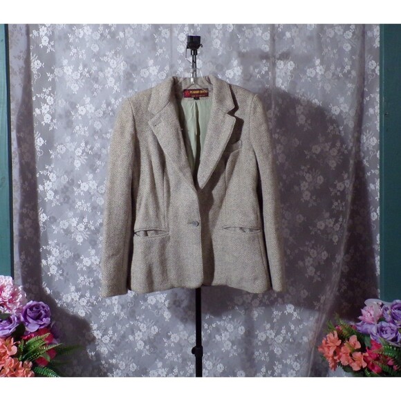 Vintage 70s Wool Blazer 1970s Blue Gray Herringbone Tweed Academia Size Medium - Picture 1 of 5